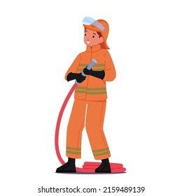 Childhood Development, Education, Role Games and Kid Professions Concept. Boy Fireman Character with Hose, Want to Be Firefighter When Grow Up, Children Occupation. Cartoon People Vector Illustration