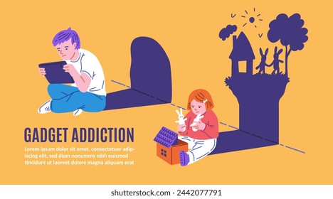 Childhood of the digital age. Vector illustration showing a child captivated by a gadget while another is involved in creative play. Banner with place for text.