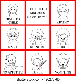 Childhood Diseases Symptoms Set.  Apathy, Rash, Rhinitis, Cough, No Appetite, Fever, And Vomiting. Baby Illnesses Characteristics. Cartoon Hand Drawn Icons.