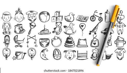 Childhood doodle set. Collection of ink chalk pencil pen hand drawn sketches templates drawing patterns of different clothing and toys for kids and newborns children infants illustration.