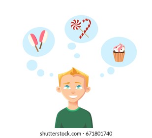 Childhood dreams. The boy dreams of ice cream, cake and sweets candy. Flat vector illustration