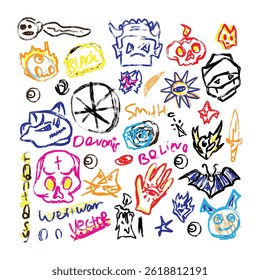 Childhood dreams and fantasies. Kids imagination Magic. Fairy tales for children. Fantasy children's hand drawings on the wall with colored crayons. Scribble in the background. Funny cartoon character
