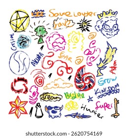 Childhood dreams and fantasies. Kids imagination Magic. Fairy tales for children. Fantasy children's hand drawings on the wall with colored crayons. Scribble in the background. Funny cartoon character