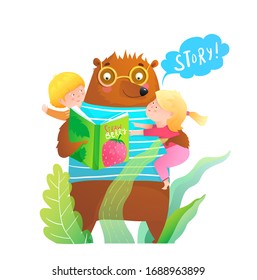Childhood fairy tales vector illustration with wild bear reading a book to young kids happy smiling boy and girl studying story. Watercolor style vector.