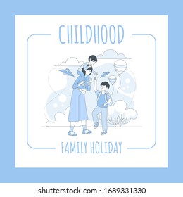 Childhood, family holiday flyer template. Mother walking outdoor with children vector cartoon outline illustration. Mothers day, parenting, motherhood banner design concept.