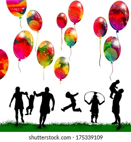 Childhood family silhouettes with balloons. Vector