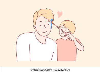 Childhood, fatherhood, game concept. Cartoon characters happy smiling little boy kid child son artist paints with brush on young man father face. Family love and leisure time flat vector illustration.
