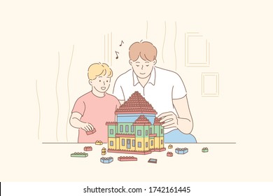 Childhood, fatherhood, game, concept. Cartoon characters happy smiling boy kid child son and young man father playing, building house from details. Family fathers day and funny leisure time.