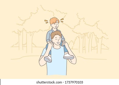 Childhood, fatherhood, support, walking concept. Cartoon characters young man father carrying and walking with happy boy son child on shoulders in park. Family fathers day and active summer recreation