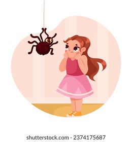 Childhood Fear with Little Girl Character Afraid of Spider Vector Illustration