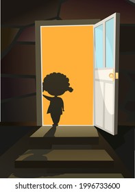 Childhood fear. A little girl peers into a dark room through an open door. Night. Steps to basement. Illustration for kids. Afraid of the dark. Background Vector