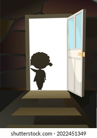 Childhood fear. A little girl peers into a dark room through an open door. Day. Steps to basement. Illustration for kids. Afraid of the dark. Background Vector