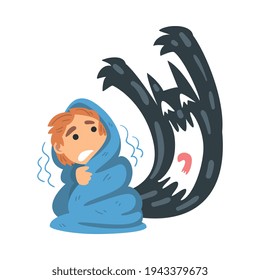 Childhood Fear with Scary Monster Frightening Little Boy Covered with Blanket Vector Illustration