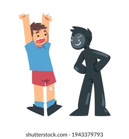 Childhood Fear with Scary Monster Frightening Little Boy Vector Illustration