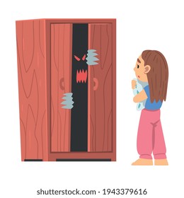 Childhood Fear with Scary Monster Peeped Out Wardrobe Frightening Little Girl Vector Illustration
