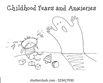 Childhood fears and anxieties. Kids Health. Graphics sketch in vector.