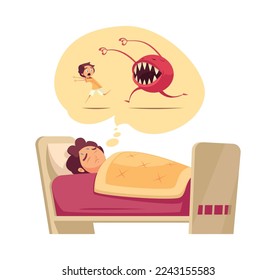 Childhood fears cartoon concept with little boy dreaming of being chased by monster vector illustration