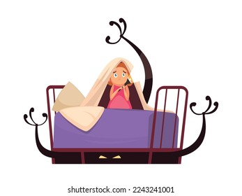 Childhood fears cartoon concept with little girl with torch scared by monsters under bed vector illustration