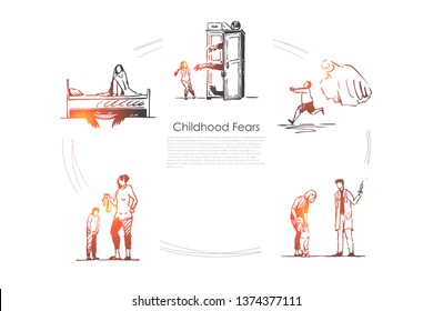 Childhood fears - children afraid of ghosts, doctor, werewolf and belt punishment vector concept set