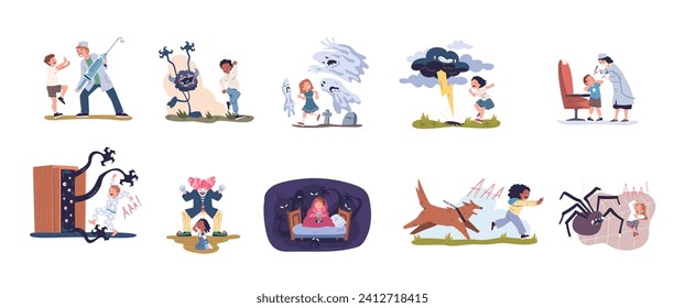 Childhood fears. Children phobias and kids imagination, scared kid afraid thunderstorm dark ghost monster dog, anxiety kid panic run nightmare dream classy vector illustration of phobia frightened