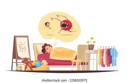 Childhood fears composition with bad dreams and monsters symbols vector illustration