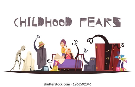 Childhood fears concept with ghosts monsters and clowns symbols vector illustration