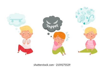 Childhood fears and dreams set. Cute kid with speech bubbles over their heads cartoon vector illustration