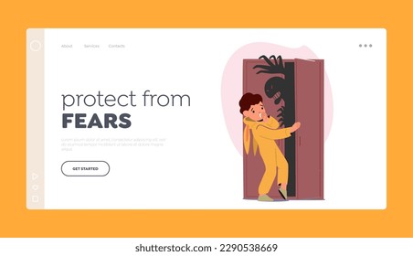 Childhood Fears Landing Page Template  Children's Fear Of Monster Hiding In Closet  Concept Horror  Or Anxiety and Little Boy Open Cupboard and Creepy Beast  Cartoon People Vector Illustration