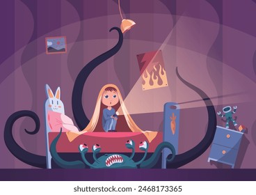 Childhood fears nightmares. Girl in dark room. Scared children sitting on bed and hiding from frightening ghost under blanket. Cartoon character isolated on white background. Vector illustration