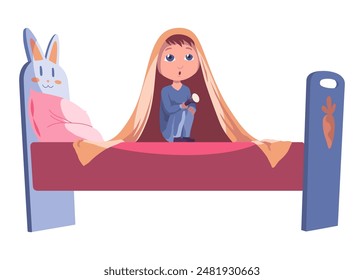 Childhood fears nightmares. Girl in room. Scared children sitting on bed under blanket. Cartoon character isolated on white background. Vector illustration