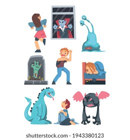 Childhood Fears with Scary Monsters Frightening Little Kids Vector Set