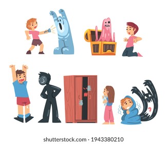 Childhood Fears with Scary Monsters Frightening Little Kids Vector Set