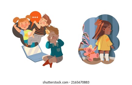 Childhood fears set. Boy suffering from online abuse. Lonely crying little girl standing facing the wall vector illustration