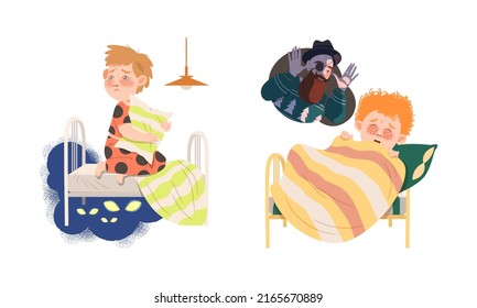 Childhood fears set. Scary monsters frightening little boys, nightmare concept vector illustration