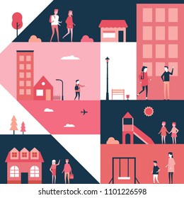 Childhood - flat design style illustration. Cartoon characters, kids and teenagers at home and on the street. Colorful geometric composition with houses, playground and classroom. Social theme