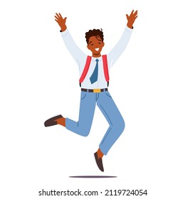 Childhood, Freedom Concept. Happy Schoolboy Jumping, Pupil Child Playing, Having Fun, Kid Character Jump, Active Games, Back to School Isolated on White Background. Cartoon People Vector Illustration
