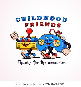 Childhood friends, two joystick mascots walk together. Retro vector, suitable for mascots, t-shirts, stickers and posters