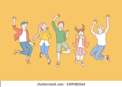 Childhood, friendship, party concept. Group of happy children enjoy the holidays. Smiling teen fans jump posing for a photo. Pleasure of winning. Simple flat vector.