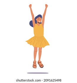 Childhood, Fun and Motion Concept. Happy Child Jumping Isolated on White Background. Little Girl Happily Playing and Rejoice, International Children Day, Youth. Cartoon People Vector Illustration