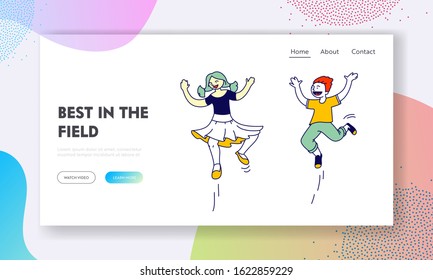 Childhood, Fun and Motion Website Landing Page. Happy Children Jumping. Little Boy and Girl Happily Playing, International Children Day Web Page Banner. Cartoon Flat Vector Illustration, Line Art