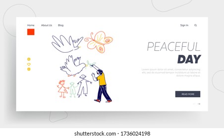 Childhood, Happiness Landing Page Template. Little Boy Drawing Doves with Branch and Happy Family. Child Character Painting on White Wall, Kids Day or Peace Day Celebration. Linear Vector Illustration