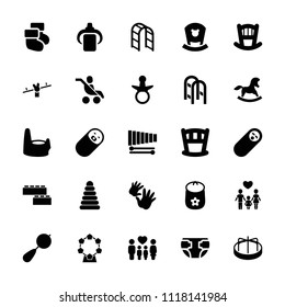 Childhood icon. collection of 25 childhood filled icons such as pacifier, baby bed, pyramid, beanbag, baby toy. editable childhood icons for web and mobile.