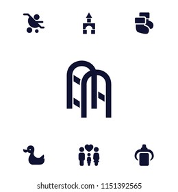 Childhood icon. collection of 7 childhood filled icons such as baby carriage, family, baby bottle, baby socks, duck, toy tower. editable childhood icons for web and mobile.