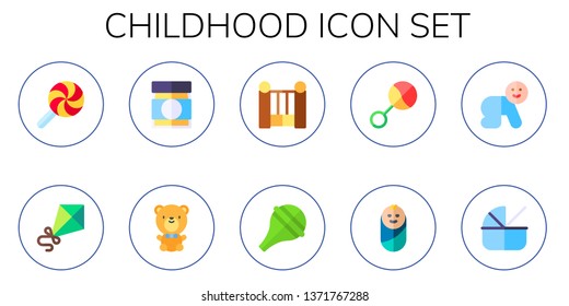 childhood icon set. 10 flat childhood icons.  Collection Of - lollipop, kite, baby food, teddy bear, cradle, nasal aspirator, rattle, newborn, baby