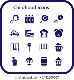 childhood icon set. 16 filled childhood icons.  Simple modern icons about  - Rattle, Crayon, Lollipop, Buggy, Trampoline, Family, Teddy bear, Swing, Swings, Feeding bottle, Sand bucket
