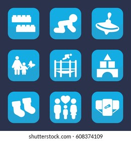 Childhood icon. set of 9 filled childhood icons such as baby socks, diaper, whirligig, child building kit, toy tower, baby crawl, family, trampoline
