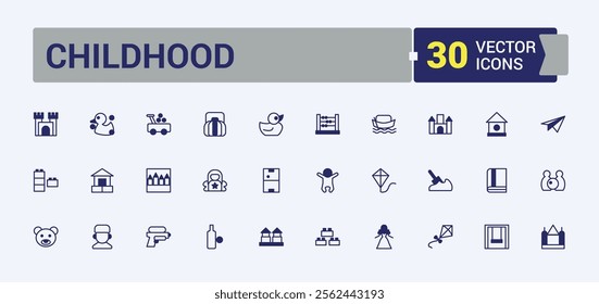 Childhood icon set. Containing education, play, playground, kid, boy, happy, cute and more. Minimal linear icons. Vector illustration in modern line style.