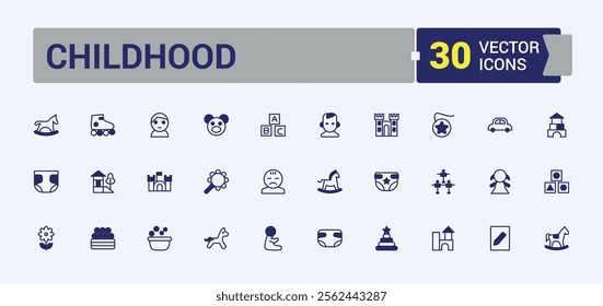 Childhood icon set. Containing education, play, playground, kid, boy, happy, cute and more. Minimal linear icons. Vector illustration in modern line style.