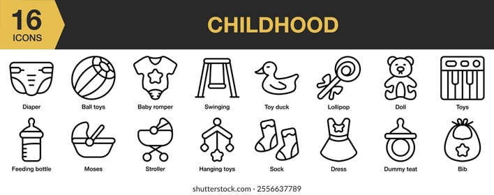 Childhood icon set. Includes swinging, toy duck, lollipop, doll, sock, dress, dress, and More. Outline icons vector collection.