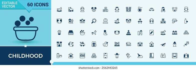 Childhood icon set. Includes thin line children, cute, kid, art, car, kids, baby and more. Collection for mobile and web apps. Outline and solid pictogram.